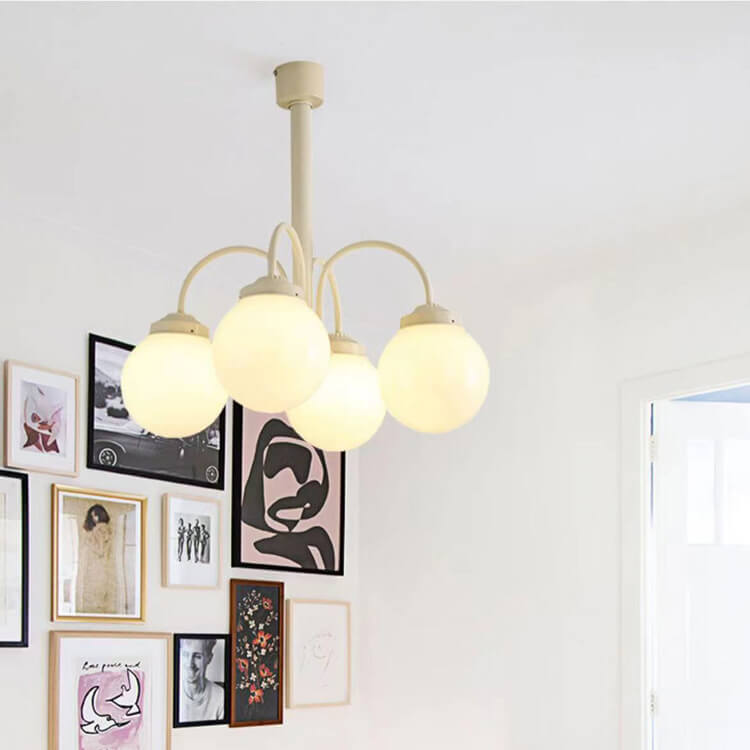 Araña de Luces de 4/6 en Vidrio Blanco Lechoso Vintage Francés 