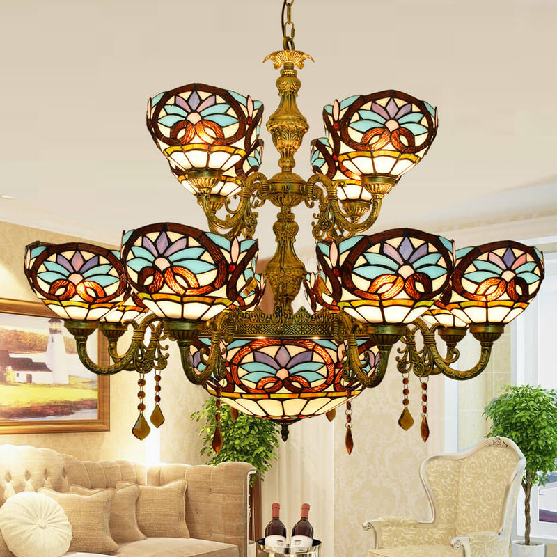 Chandelier européen style Tiffany amour baroque en verre teinté à 15 lumières 