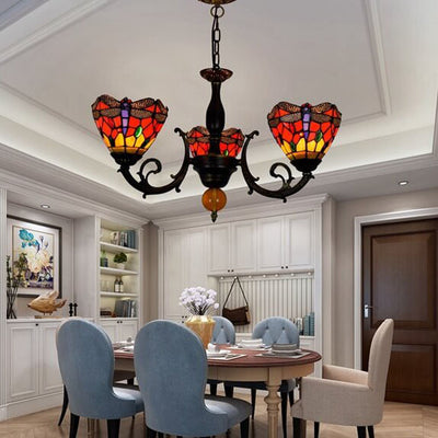 European Tiffany Red Dragonfly Stained Glass 3-Light Chandelier