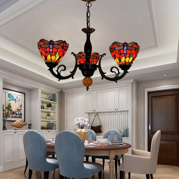 European Tiffany Red Dragonfly Stained Glass 3-Light Chandelier