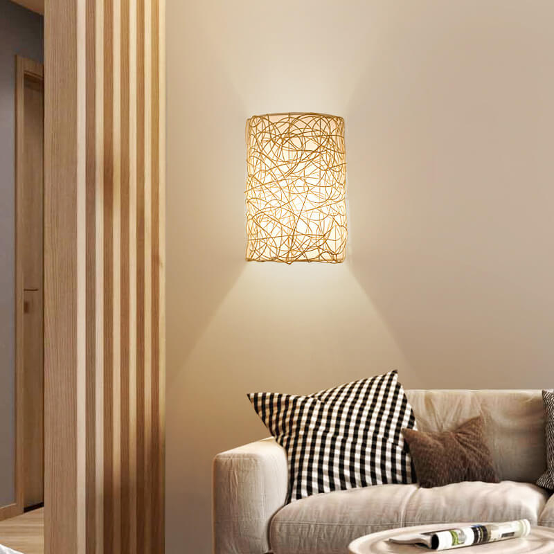 Rattan Weaving Half-Cylinder 1-Light Wall Sconce Lamp