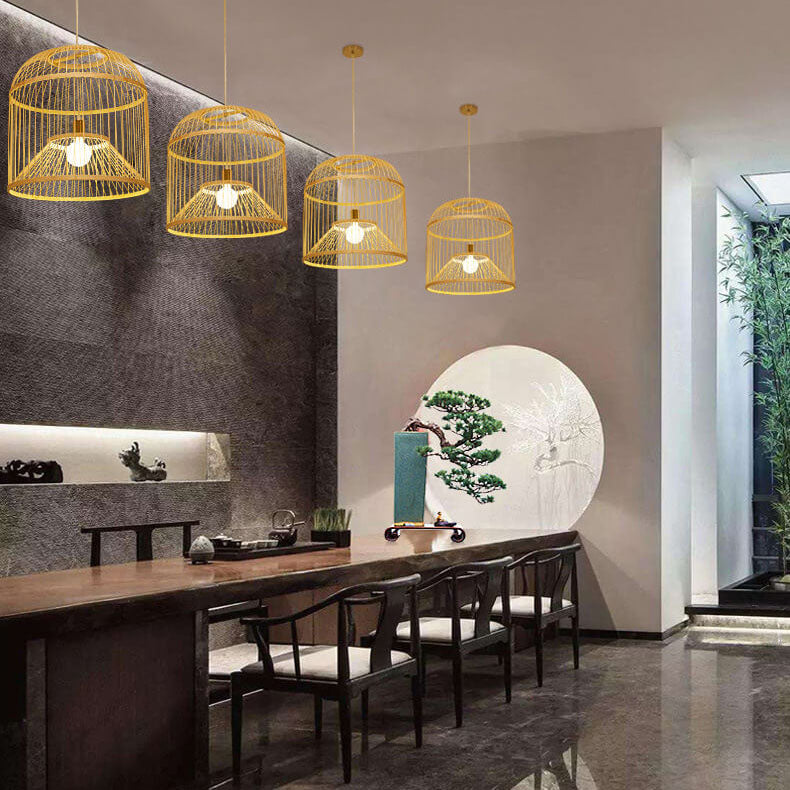 Moderne chinesische Bambusgeflecht-Vogelkäfig 1-Licht Pendelleuchte 