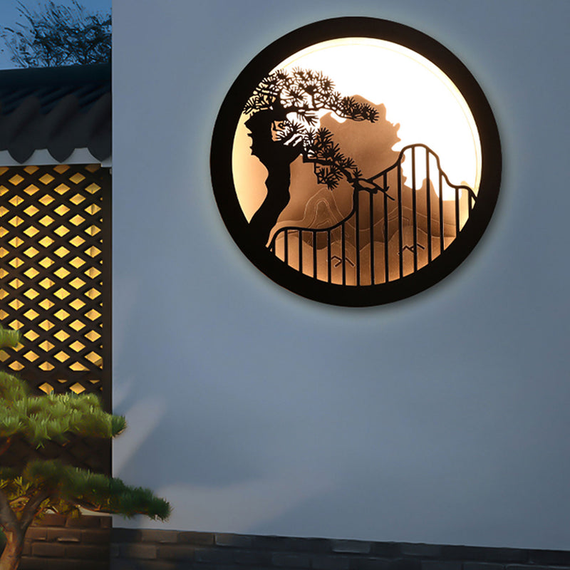 Modern Chinese Landscape Pine Zen Round LED Outdoor Wall Sconce Lamp