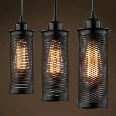 Vintage Wrought Iron Metal Mesh Cylindrical 1-Light Pendant Light