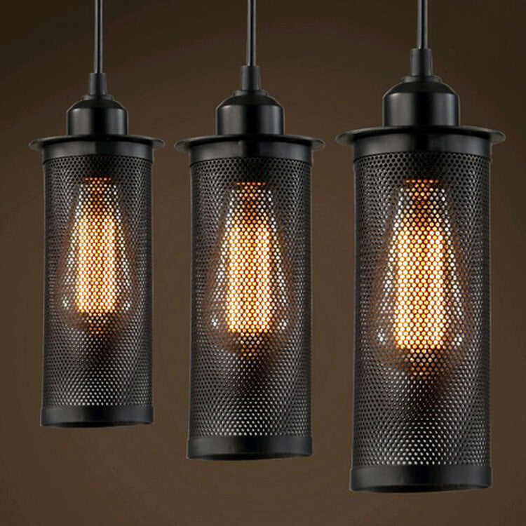 Vintage Wrought Iron Metal Mesh Cylindrical 1-Light Pendant Light