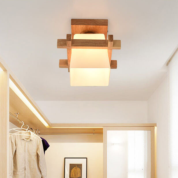 Modern Wooden Square Cube 1-Light Semi-Flush Mount Ceiling Light