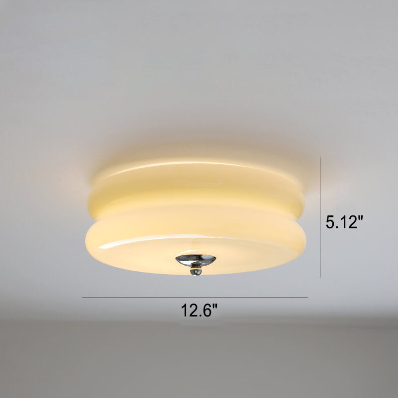 French Minimalist Cream Glass Round LED Flush Mount Ceiling Light