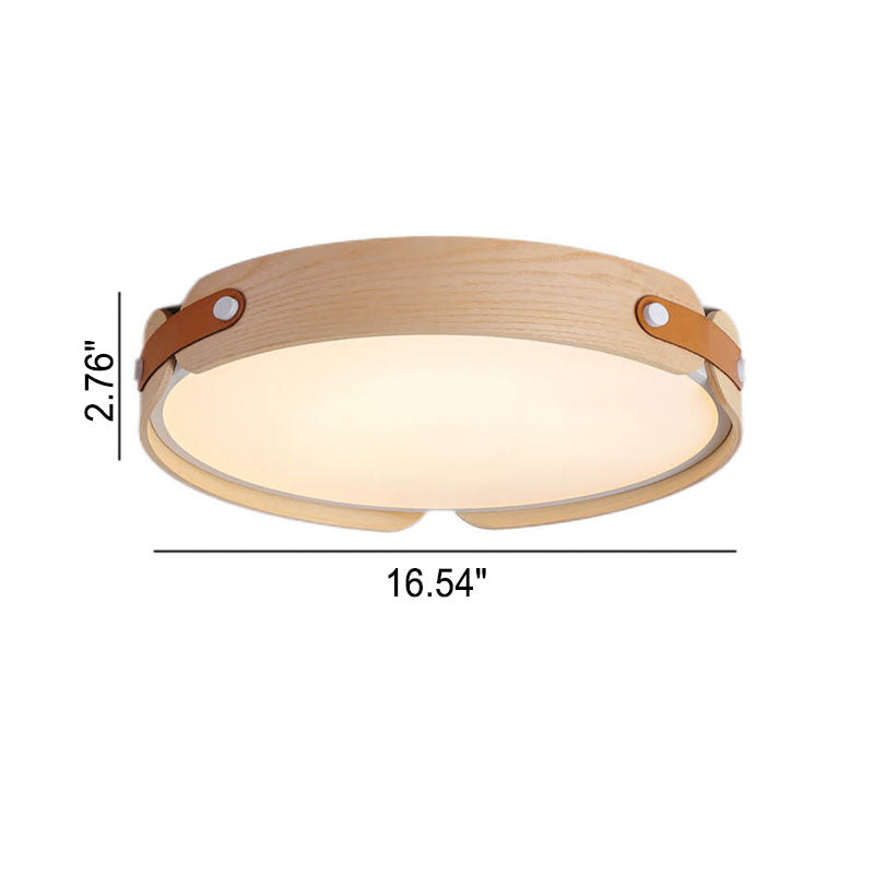 Modern Minimalist Solid Wood Round Leather Design LED Flush Mount Ceiling Light