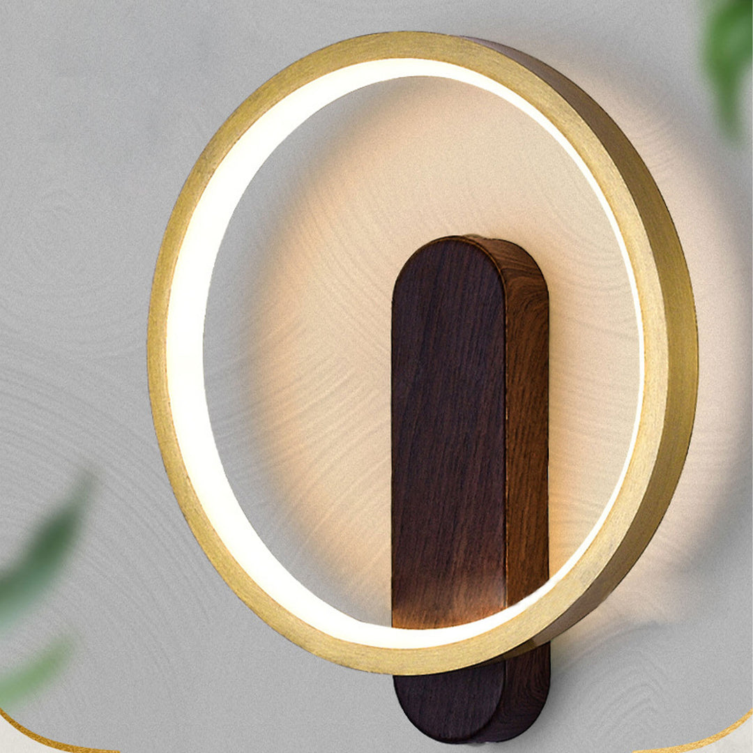 Lámpara de pared LED de hierro forjado redonda de grano de madera minimalista moderna 
