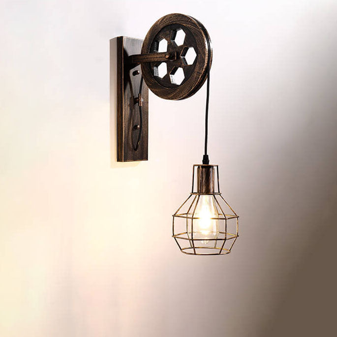 Vintage Industrial Iron Pulley Cage 1-Light Wall Sconce Lamp