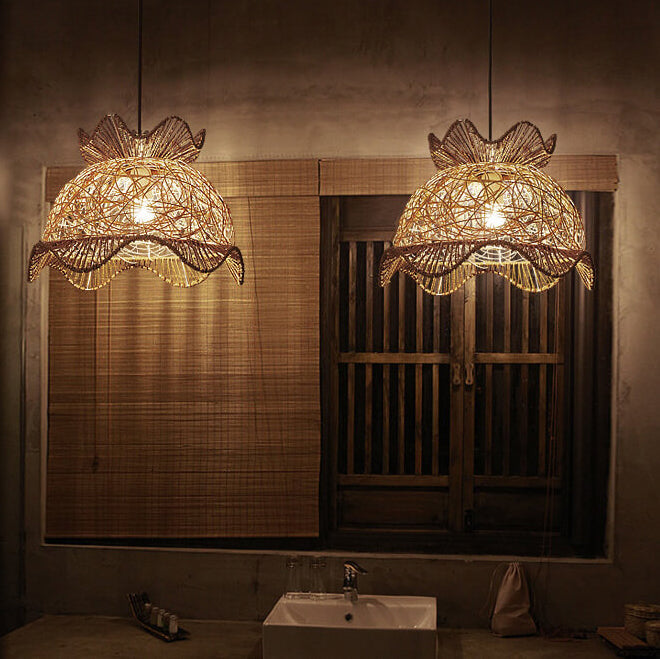 Rattan Weaving Scalloped Dome 1-Light Pendant Light