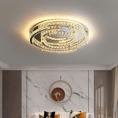 Round Simple Stainless Steel Crystal Multilayer Design LED Flush Mount Light