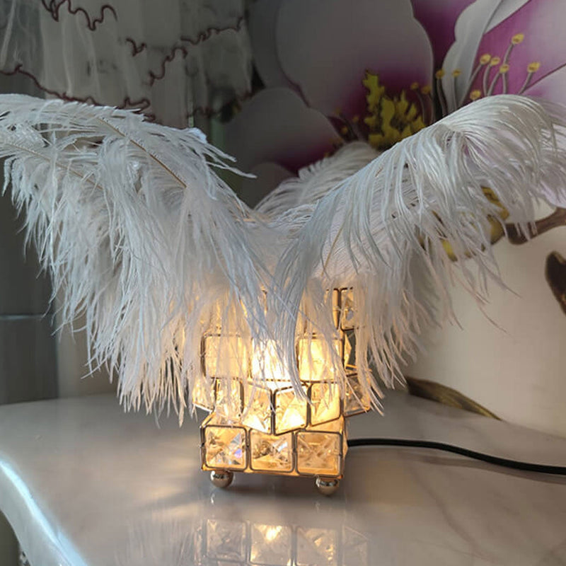 Lampe de table décorative à 1 lumière avec cube en cristal créatif et plume d&