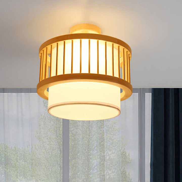 Moderne japanische zylindrische Trommel aus massivem Holz 2/3 Licht Deckenleuchte 