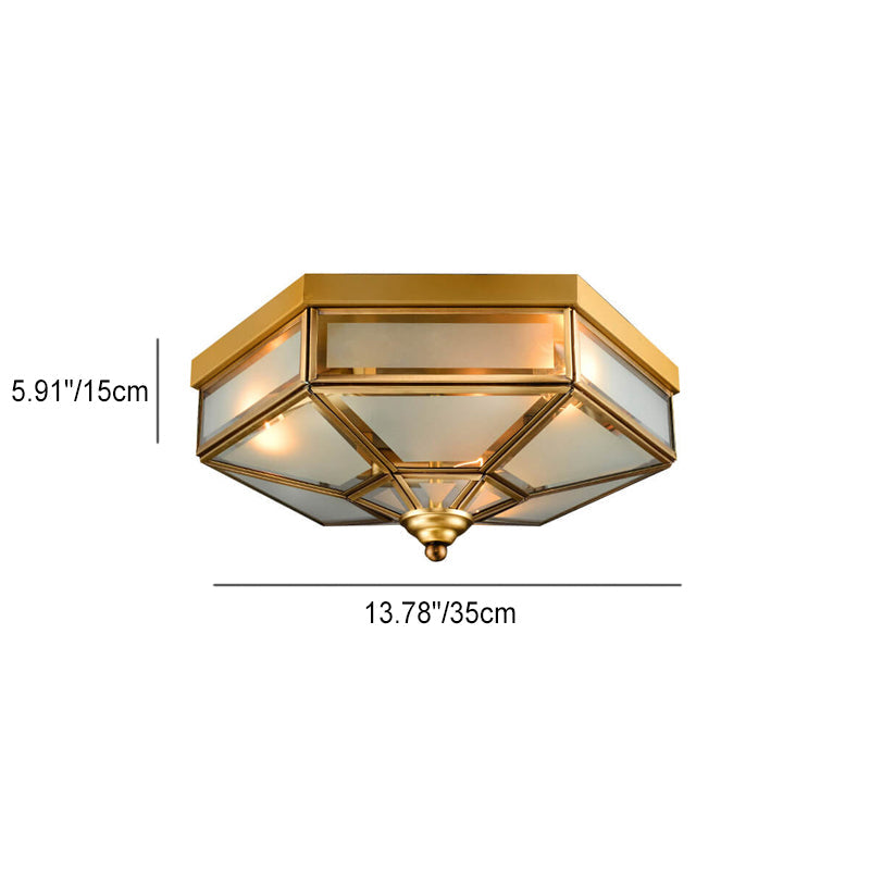 Traditional European Polygonal All Copper Glass 3/4 Light Flush Mount Ceiling Light For Living Room