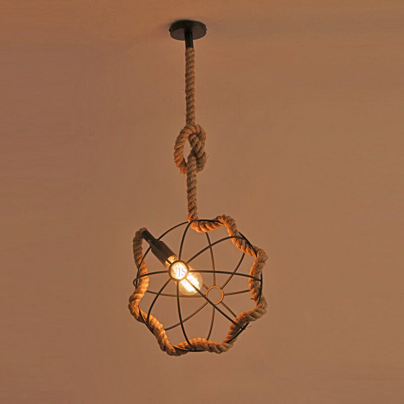 Suspension Luminaire à Une Lumière en Corde de Chanvre et Boule en Fer Forgé 