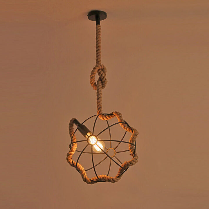 Suspension Luminaire à Une Lumière en Corde de Chanvre et Boule en Fer Forgé 