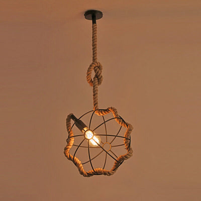 Hemp Rope 1-Light Wrought Iron Globe Ball Pendant Light