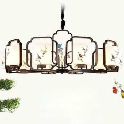 Modern Chinese Ceramics Bird Flower Glass Shade  6/8/10 Light Chandelier