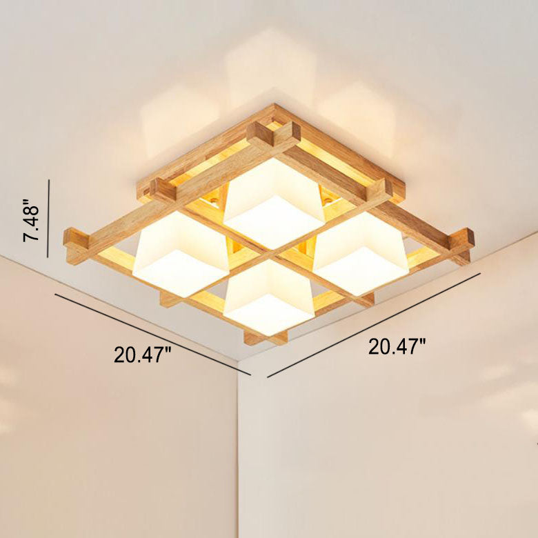 Japanischer minimalistischer quadratischer Würfelschirm aus Holz 4/6/9 Licht Unterputz-Deckenleuchte 
