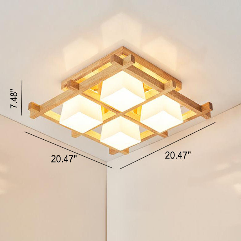 Japanese Minimalist Wooden Square Cube Shade 4/6/9 Light Flush Mount Ceiling Light