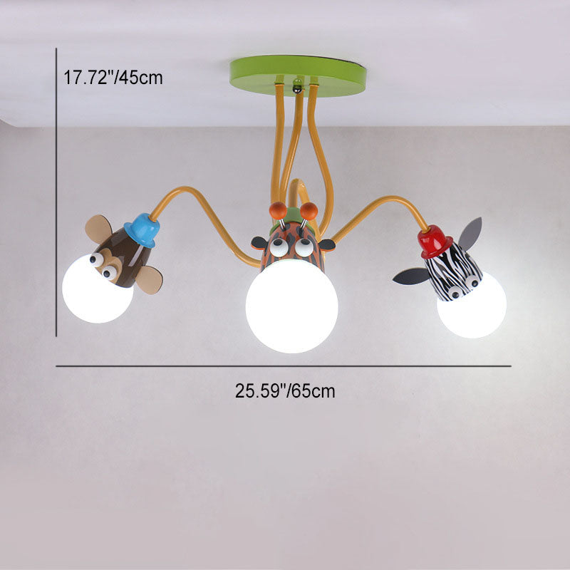 Contemporary Creative Acrylic Cartoon Animal Hardware Frame 3-Light Kids Flush Mount Ceiling Light For Bedroom