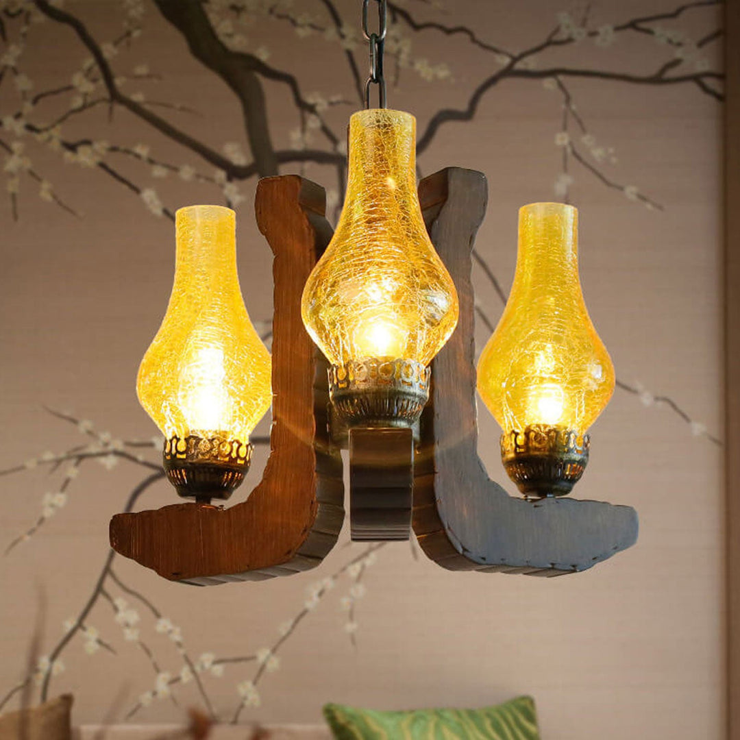 Industrielle Massivholz Antik-Design 3-Licht Kronleuchter 