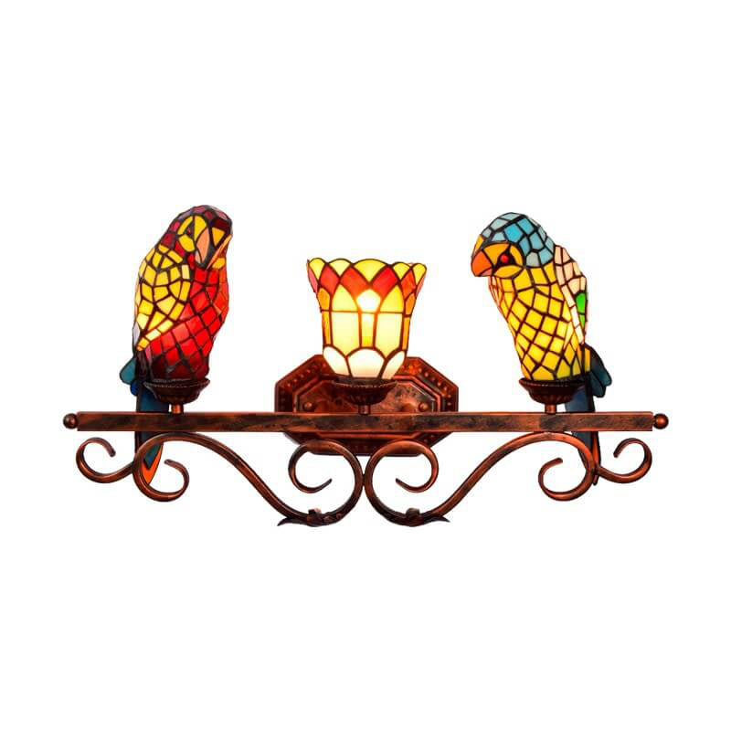 Traditional Tiffany European Retro Parrot Decorative 3-Light Wall Sconce Lamp