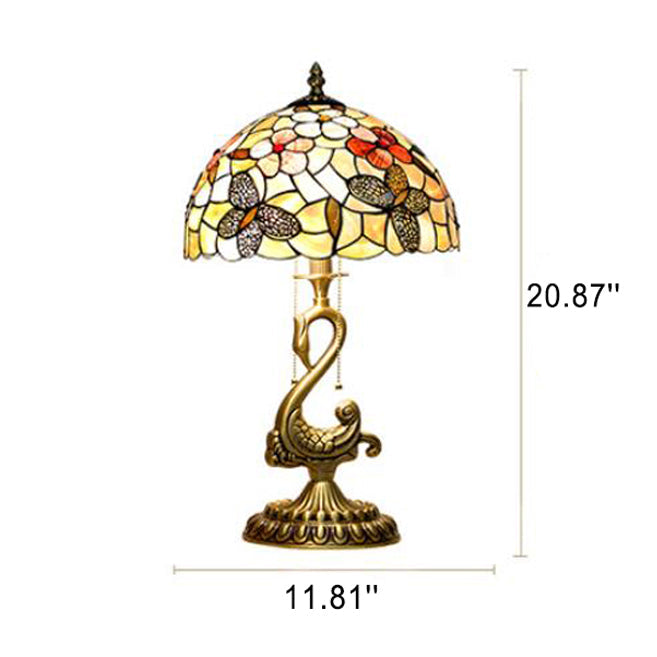 Tiffany Vintage Floral Stained Glass Swan 2-Light Table Lamp