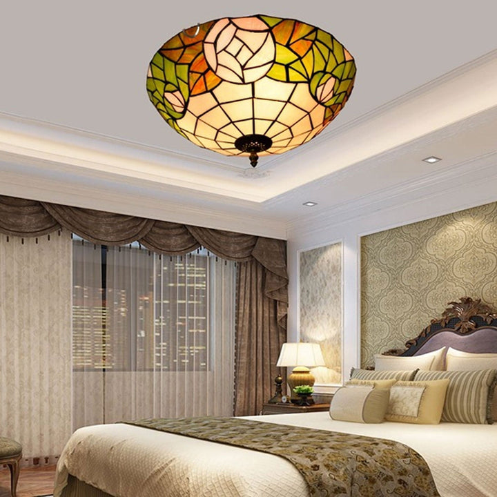 Tiffany European Retro Creative Stained Glass Rose Pattern Design 3-Light Flush Mount Light