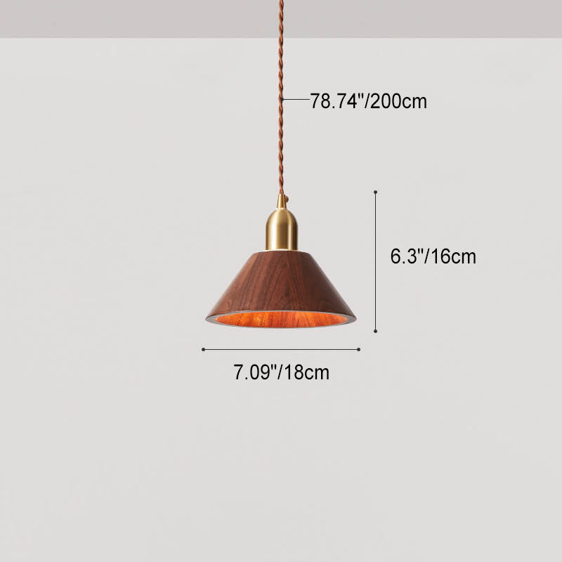 Traditional Vintage Ash Wood Walnut Geometric Round Cone Brass 1-Light Pendant Light for Living Room