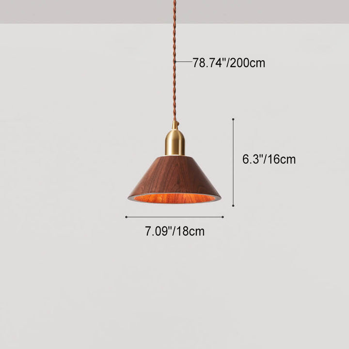 Traditional Vintage Ash Wood Walnut Geometric Round Cone Brass 1-Light Pendant Light for Living Room