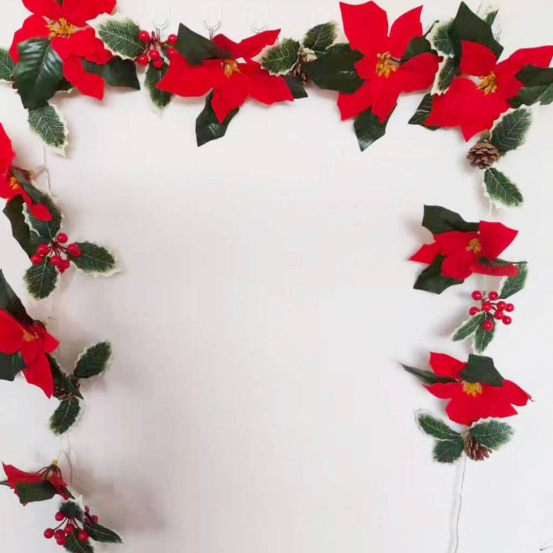 Guirlande lumineuse LED fleur rouge de Noël en faux velours avec fruits 
