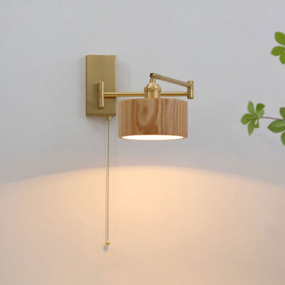 Nordic Vintage Wooden Metal Rod Pull Cord Switch Rotatable 1-Light Wall Sconce Lamp