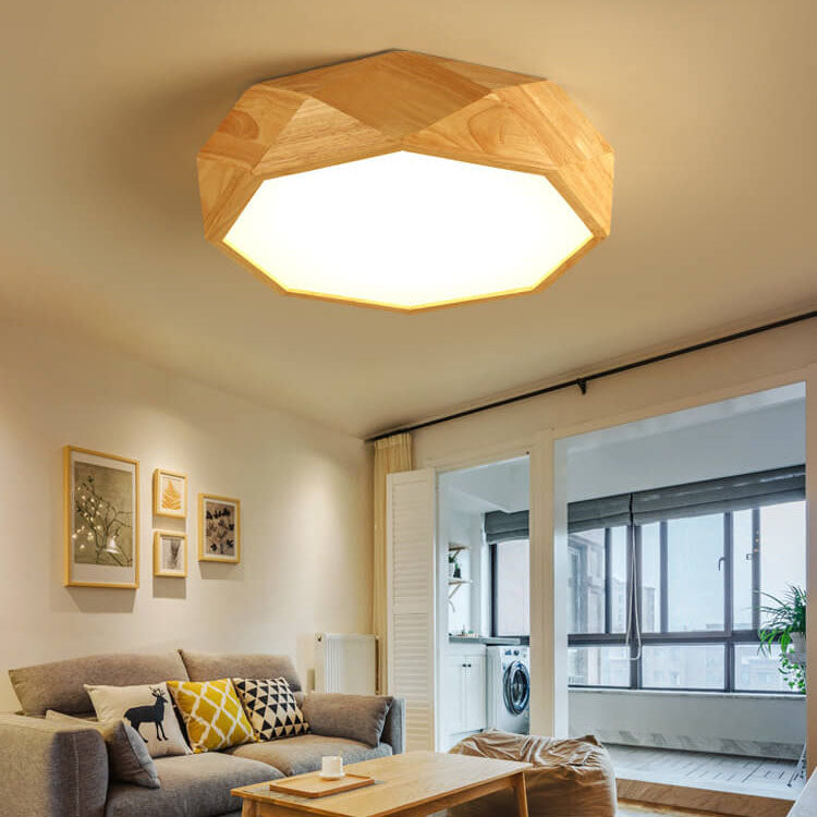 Modern Solid Wood Round Geometric LED Flush Mount Ceiling Light