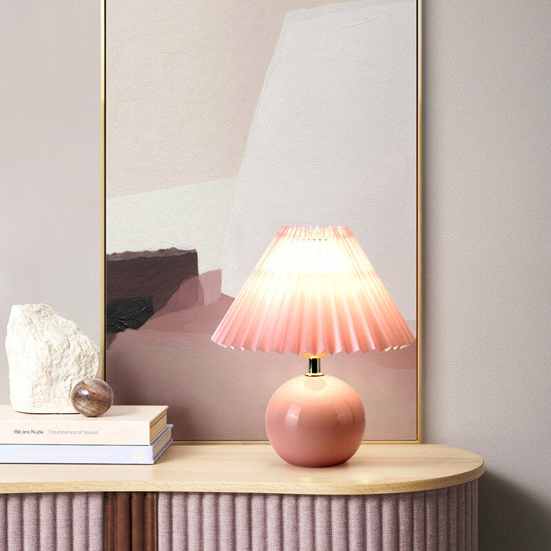 Vintage Plissierter Stofflampenschirm Keramik 1-Licht Tischlampe 
