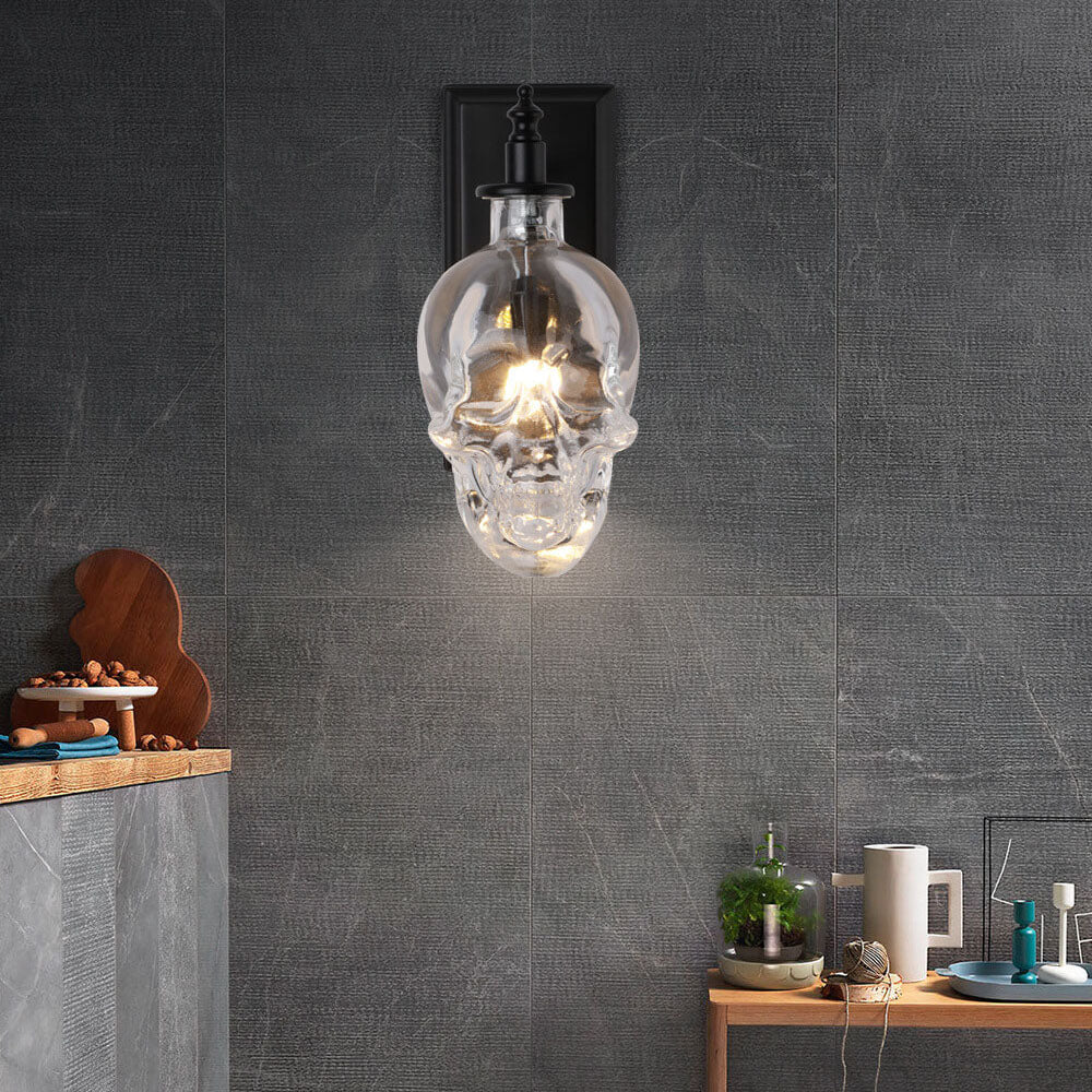 Contemporary Creative Round Skull Glass Iron 1-Light Halloween Wall Sconce Lamp For Living Room