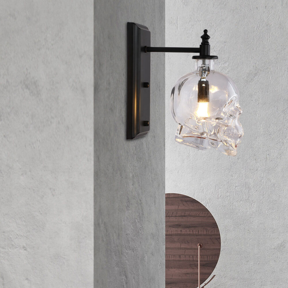 Contemporary Creative Round Skull Glass Iron 1-Light Halloween Wall Sconce Lamp For Living Room
