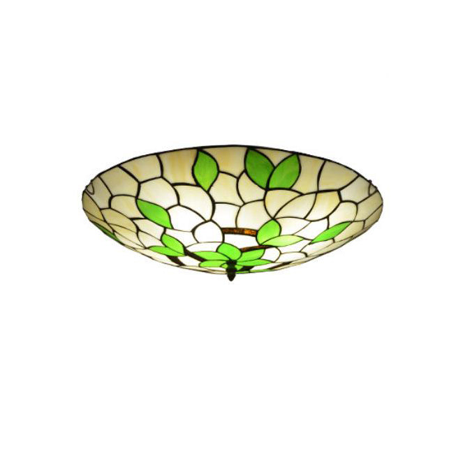 Tiffany Glass Round Leaf Pattern 1-Light Flush Mount Light