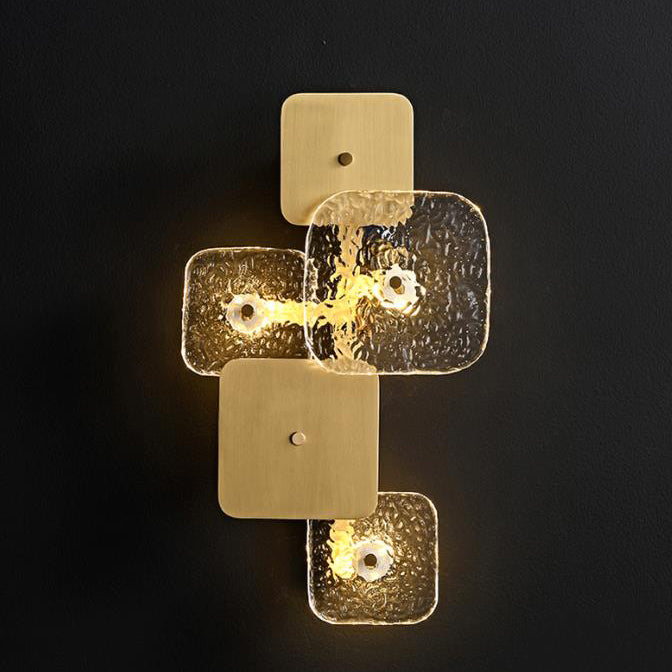 Postmoderne Glas-Messing-Patchwork-Quadrat-LED-Wandleuchte 