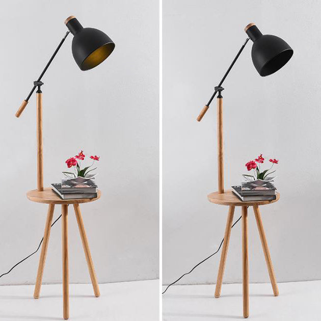 Industrial Iron Shade Wood Shelf 1-Light Standing Floor Lamp