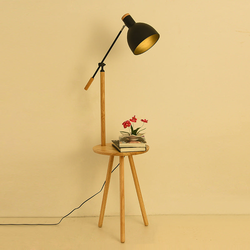 Industrial Iron Shade Wood Shelf 1-Light Standing Floor Lamp