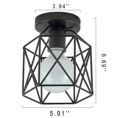Industrial Vintage Iron Cylindrical Cage 1-Light Semi-Flush Mount Ceiling Light