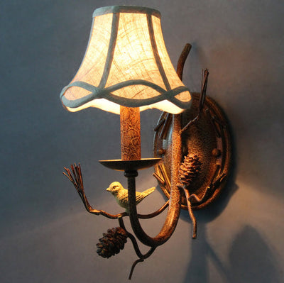 Vintage Stoff Vogel Tannenzapfen Harz 1/2 Licht Wandleuchte Lampe 