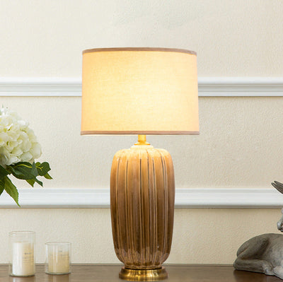 Modern Fabric Ceramic Column Brass 1-Light Table Lamp