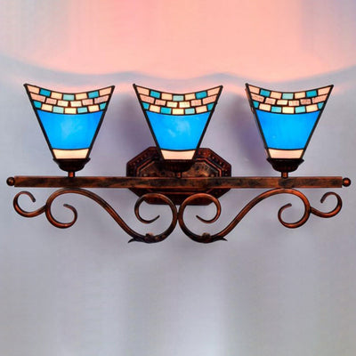 European Tiffany Blue Glass Bell Shade 3-Light Wall Sconce Lamp
