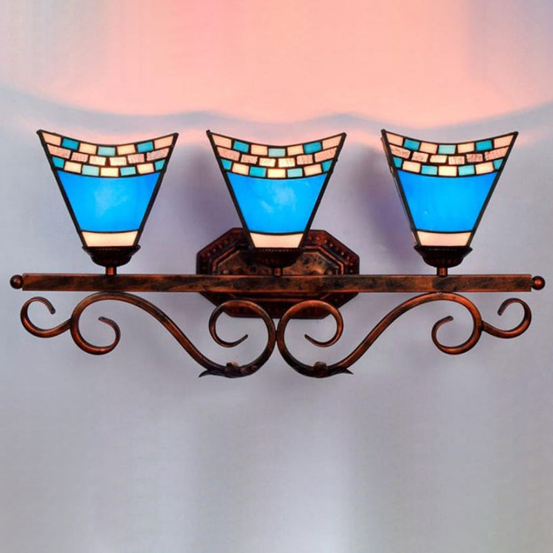 European Tiffany Blue Glass Bell Shade 3-Light Wall Sconce Lamp
