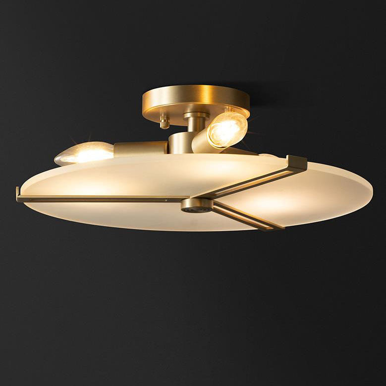 Modern Glass Flat Round Brass 3-Light Semi-Flush Mount Ceiling Light