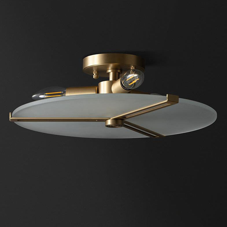 Modern Glass Flat Round Brass 3-Light Semi-Flush Mount Ceiling Light