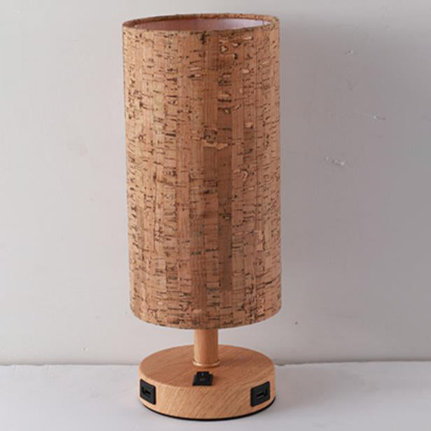 Moderne Tischlampe mit Holzmaserung Stoffschirm 1-Licht 
